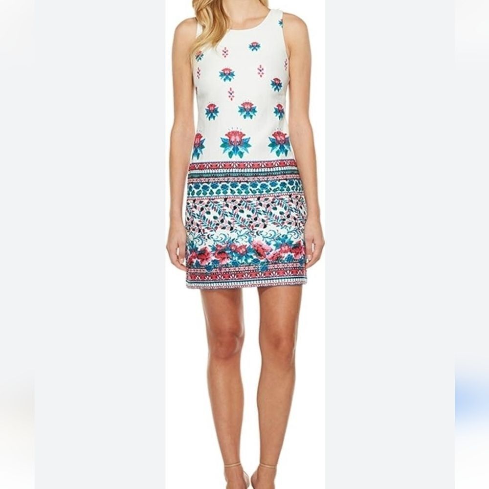 Taylor Women's White Pink Green Blue Floral Printed Dress Size 14